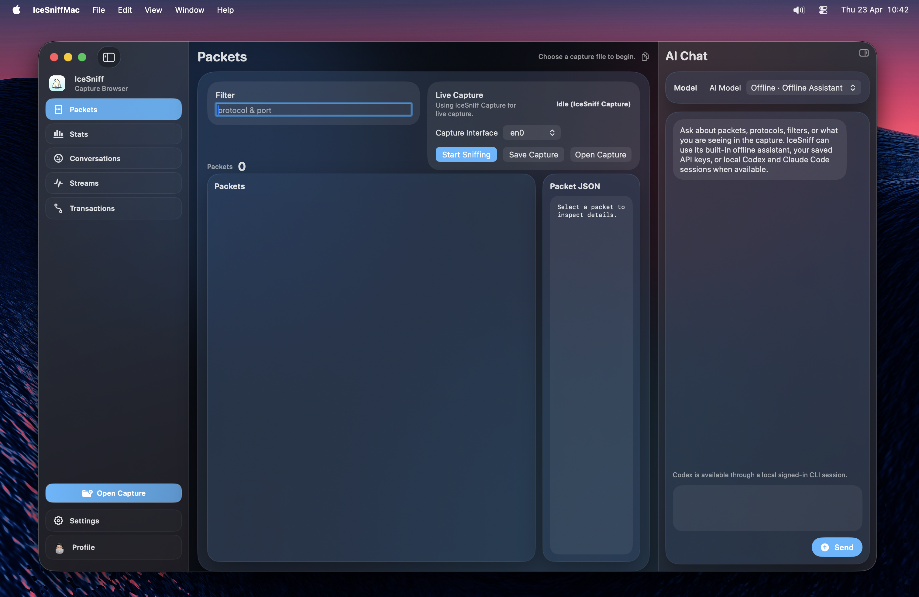 IceSniff full-screen desktop screenshot shown inside a MacBook